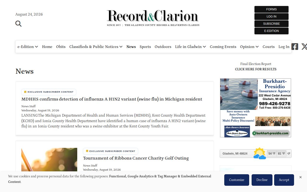 Gladwin County Record and Clarion local news page