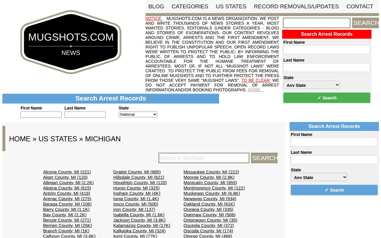 Mugshots.com Michigan publisher index interface