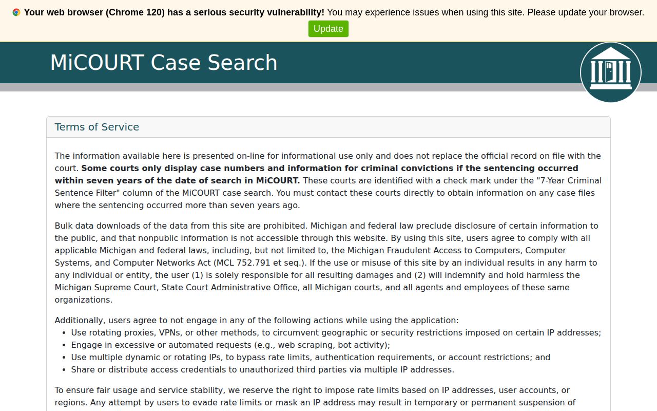 Gladwin County booking record MiCOURT case search interface