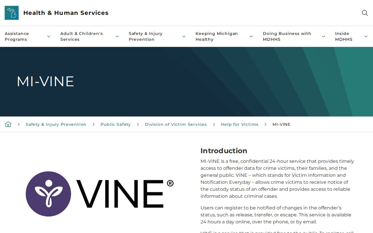 Gladwin County custody record MI-VINE notification page